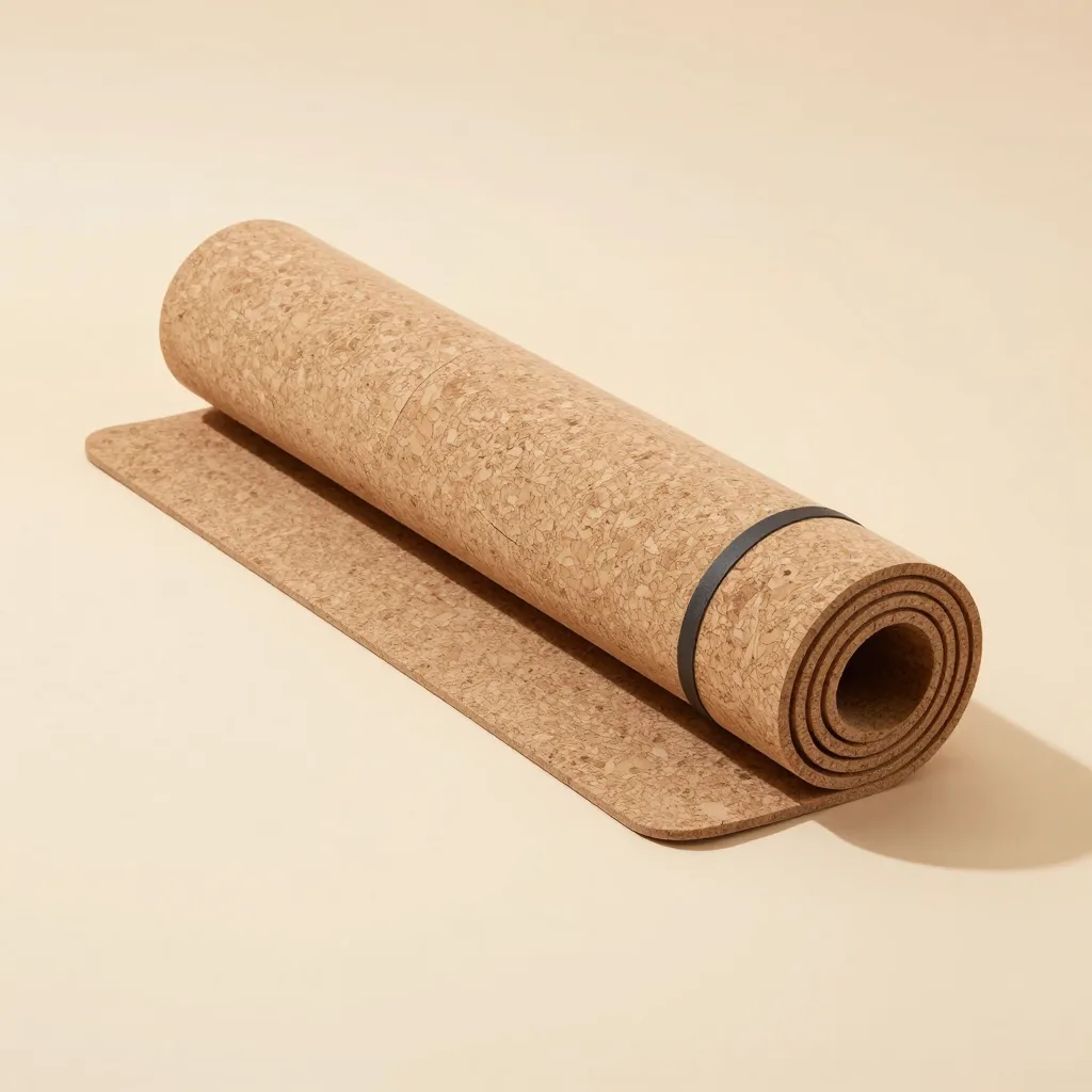 A natural cork yoga mat on a light background