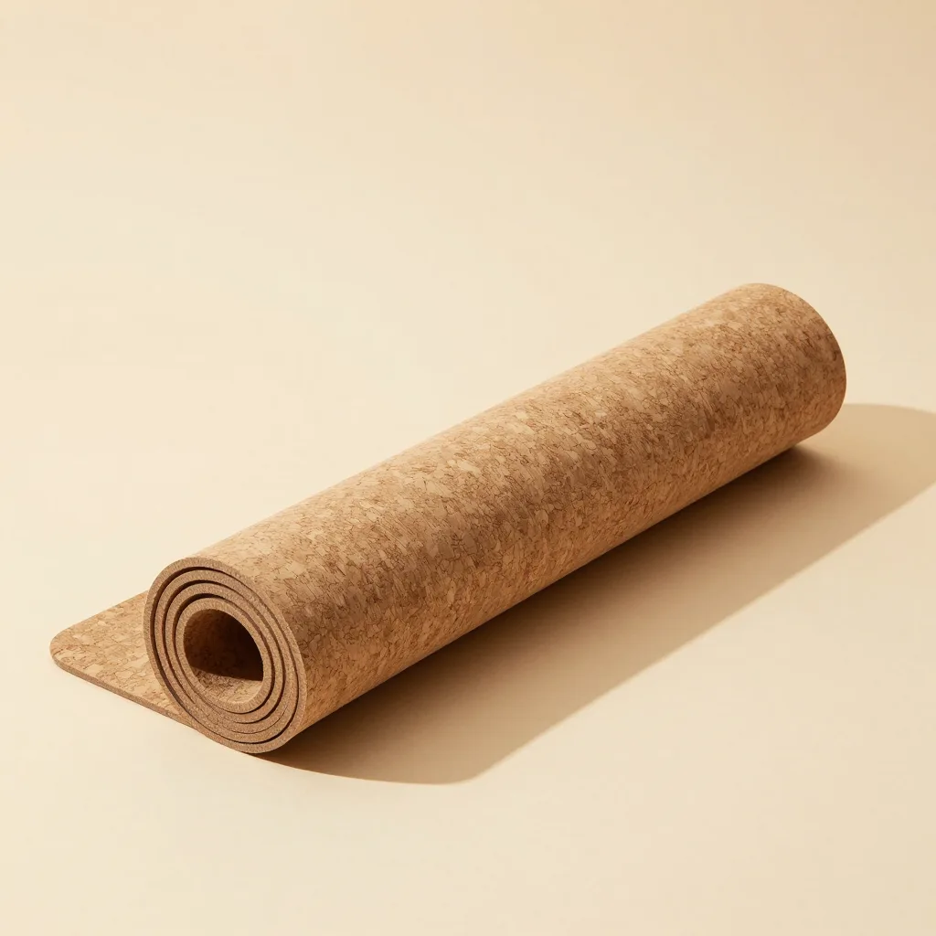 A thick cork yoga mat on a light background
