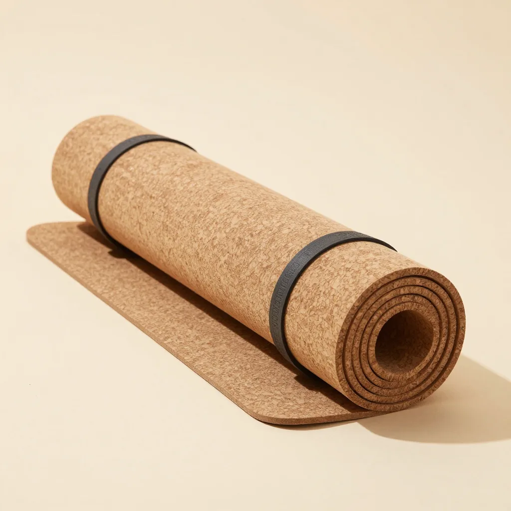 A rolled travel cork yoga mat on a light background