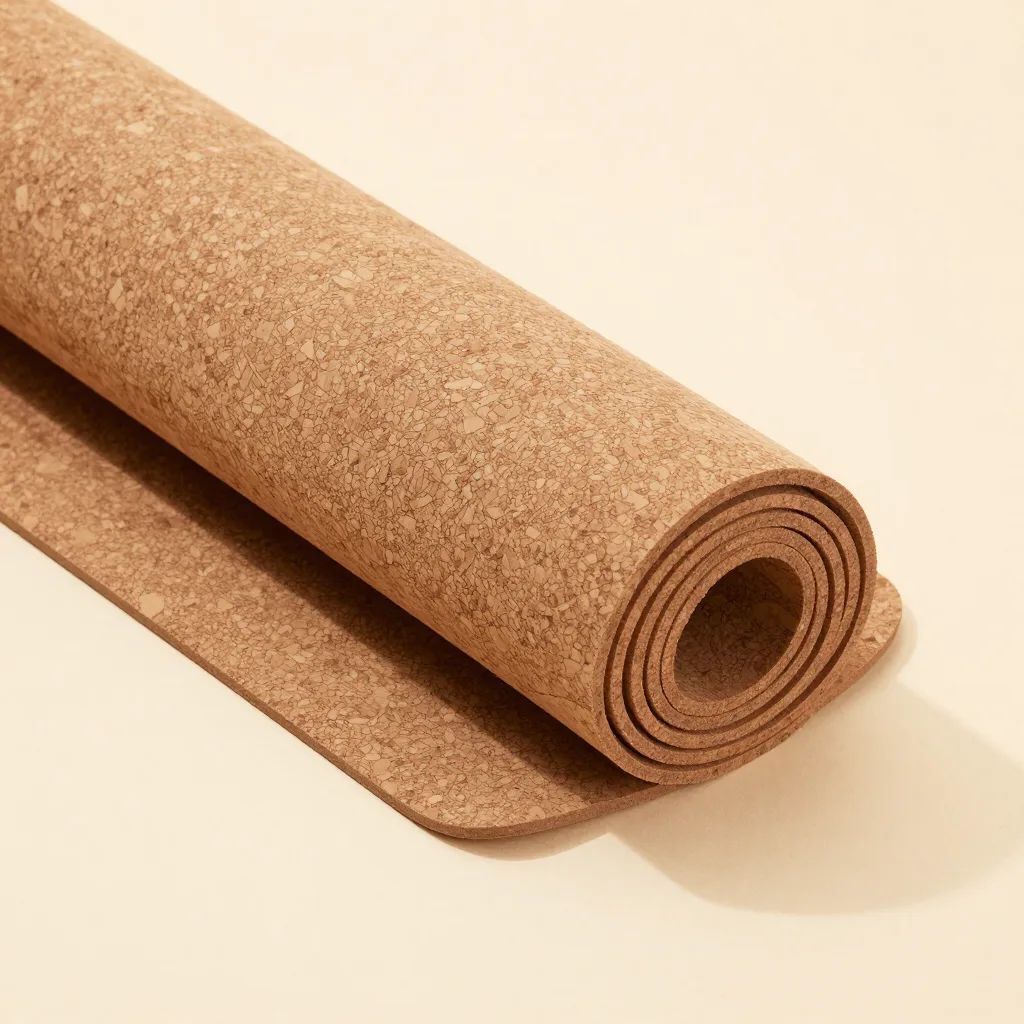 A terracotta cork yoga mat on a light background