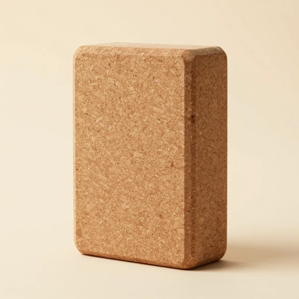 A cork yoga block on a light background