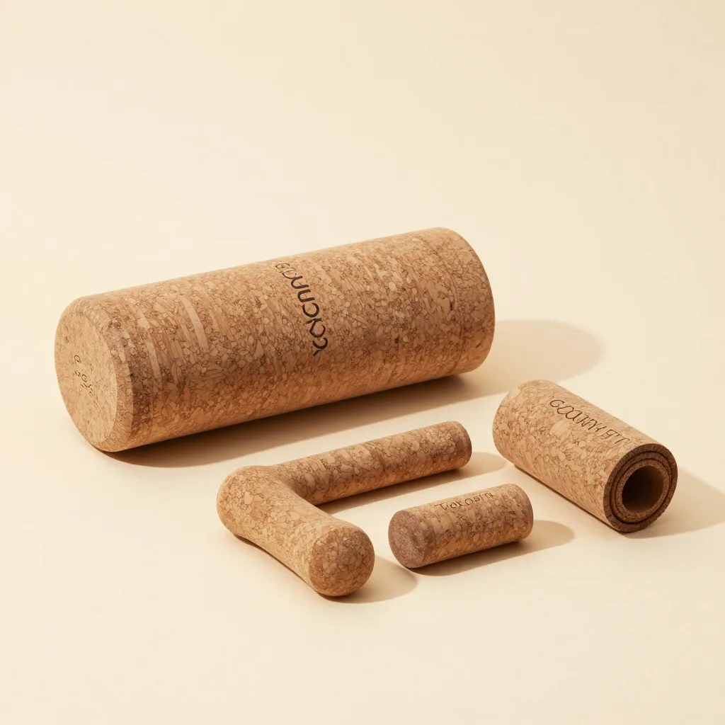 A cork yoga starter set on a light background