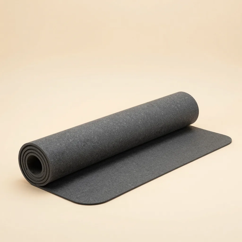 A charcoal cork yoga mat on a light background