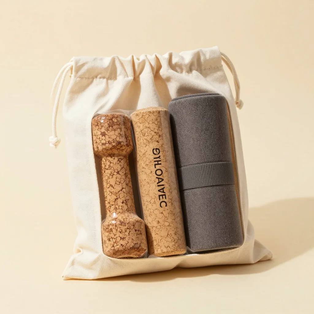 A practice gift set of cork yoga gear in a cotton bag on a light background